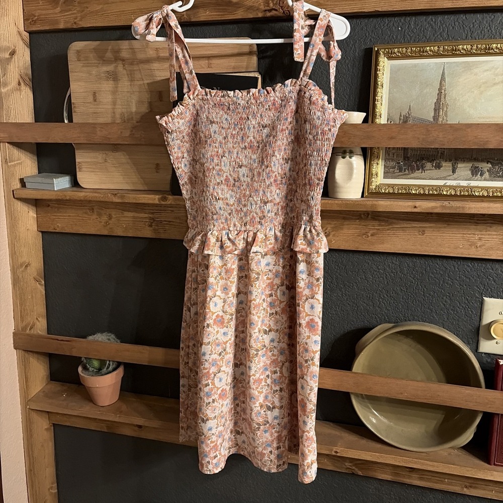 Women's Smocked Cottagecore Mini Tie Top Dress Size Floral Boho